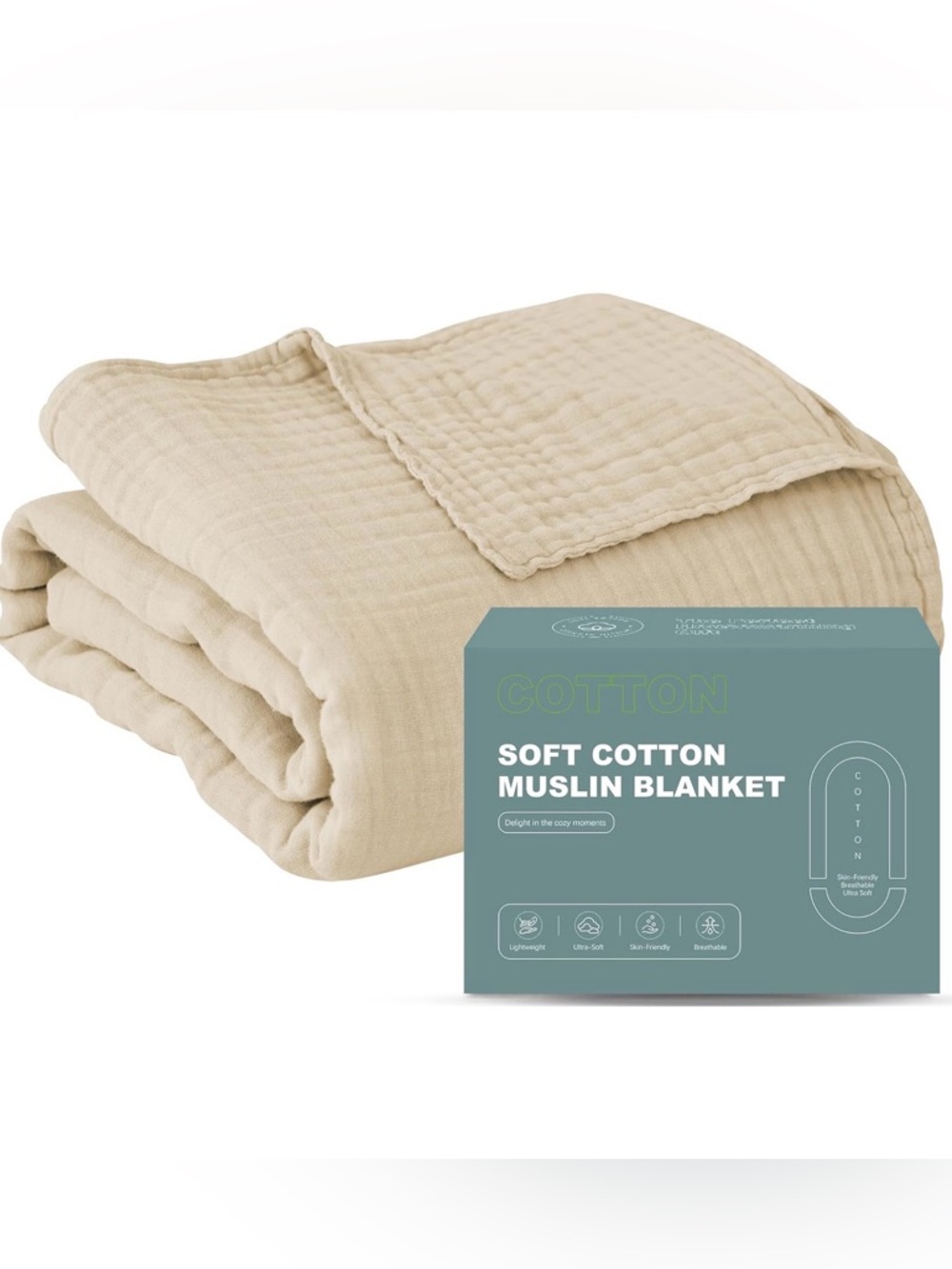 New Cosy Family 4-Layer Light Tan 100% Cotton Muslin Boho Blanket, 55x80”